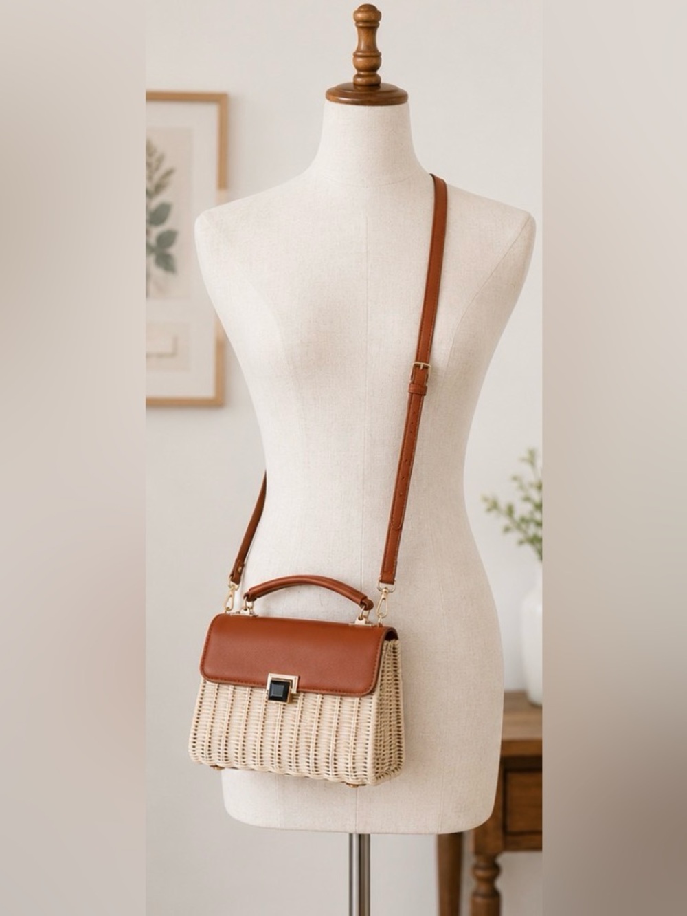 Tommy Bahama Natural Woven Rattan Leather Top Handle Satchel Crossbody Bag Tan - Picture 4 of 16